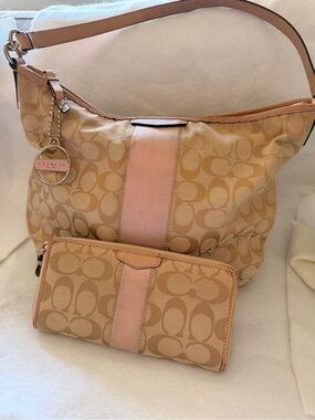 Coach Signature Khaki Pink Stripe Hobo Bag Matching Wallet with Crossbody Strap